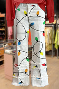 Christmas Lights Print Frayed Tiered Crop Flare Pants